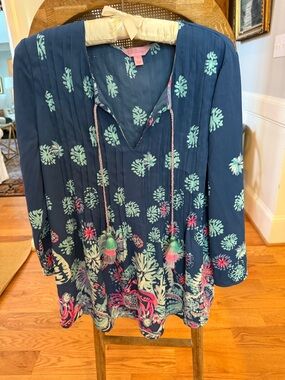 Lilly Pulitzer Navy with Mint and Pink Floral Tassel Tunic